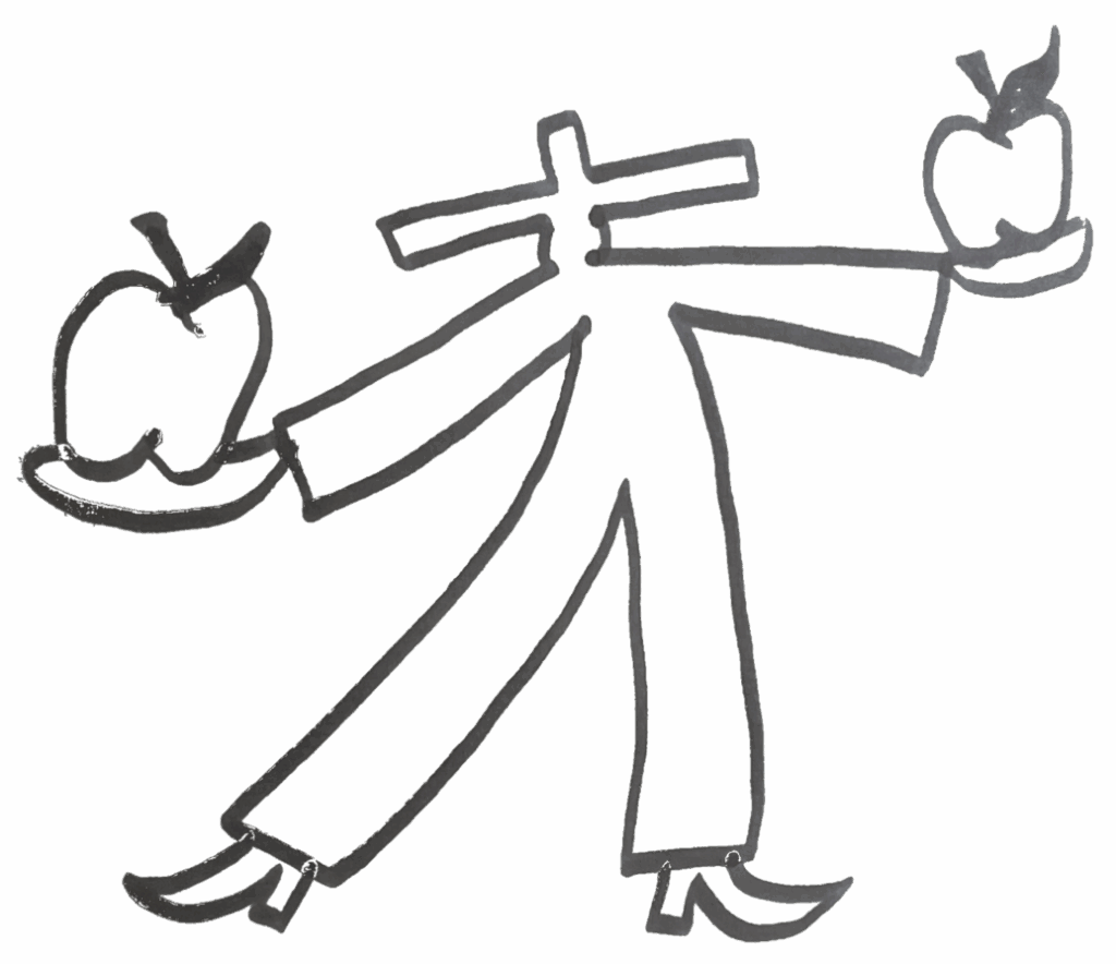 Illustration of a person holding two apples, symbolizing duallity
