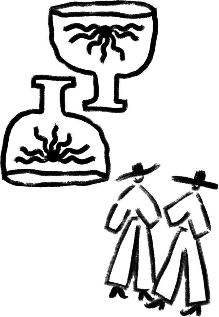 Illustration of a couple next to a couple of bottles containing a sun, symbolizing complementary