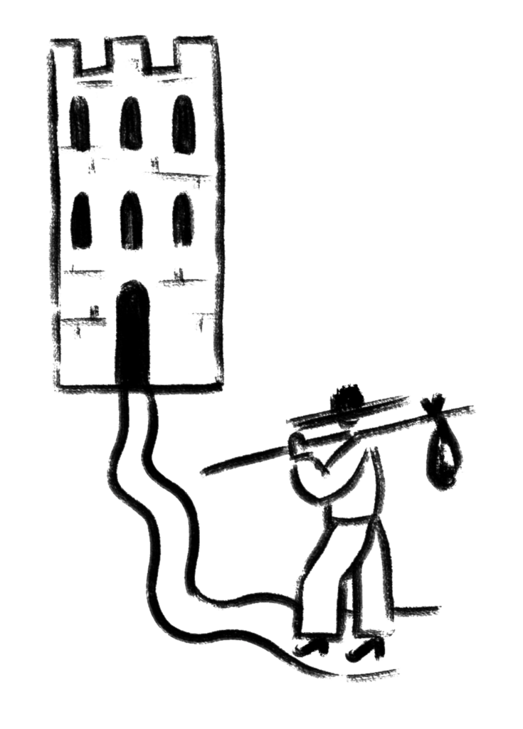 Illustration of a person walking towards a tower, symbolising growth