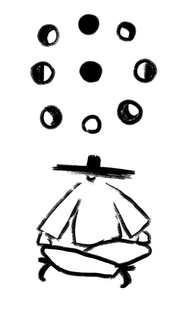 Illustration of a person meditating under the moon phases, symbolising transitions